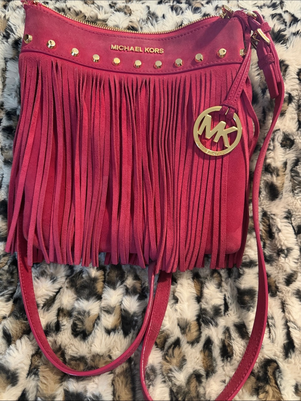 Michael Kors Hot Pink Suede Billy Fringe Crossbody with Gold Hardware